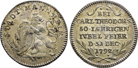 GERMANY. Pfalz-Sulzbach. Karl Theodor (1743-1799). Silver pattern strike from the dies of Ducat (1792). Homage to the city of Mannheim on the occasion...