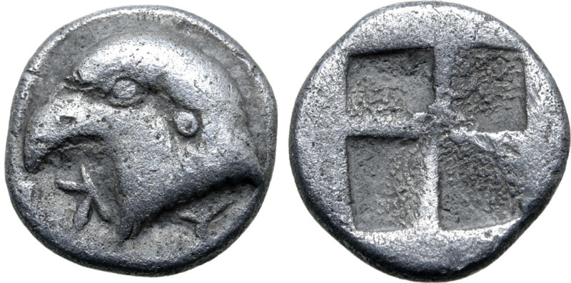 Aiolis, Kyme, 450 - 400 BC
Silver Hemiobol, 7mm, 0.51 grams
Obverse: Head of e...