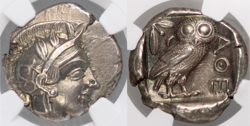 Attica, Athens, 440 - 404 BC
Silver Tetradrachm
Obverse: Head of Athena right ...