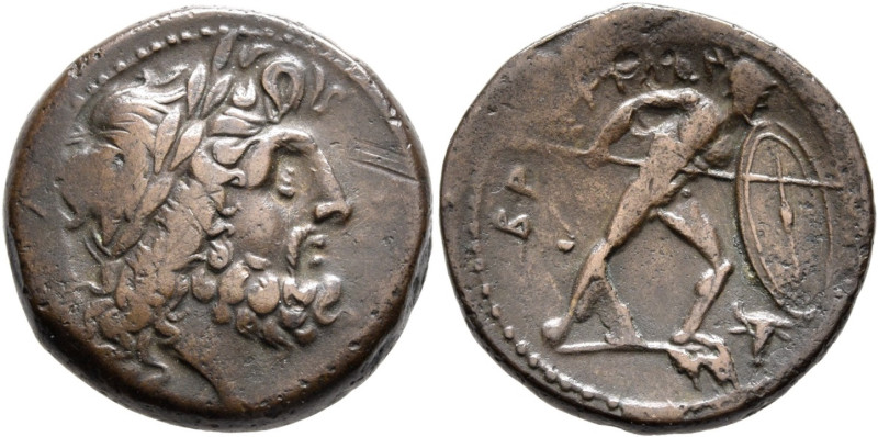 Bruttium, The Bretti, 211 - 208 BC
AE Unit, 21mm, 8.18 grams
Obverse: Laureate...