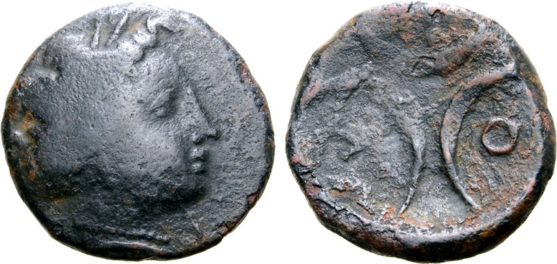 Bruttium, Kroton, 300 - 250 BC
AE18, 4.24 grams
Obverse: Head of Persephone ri...