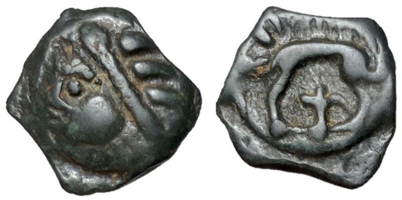 Celtic Gaul, Leuci, 100 - 50 BC
Potin Unit, 20mm, 4.17 grams
Obverse: Stylized...