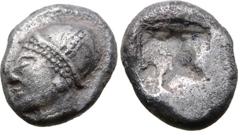 Ionia, Phokaia, 500 - 480 BC
Silver Diobol, 10mm, 1.32 grams
Obverse: Archaic ...