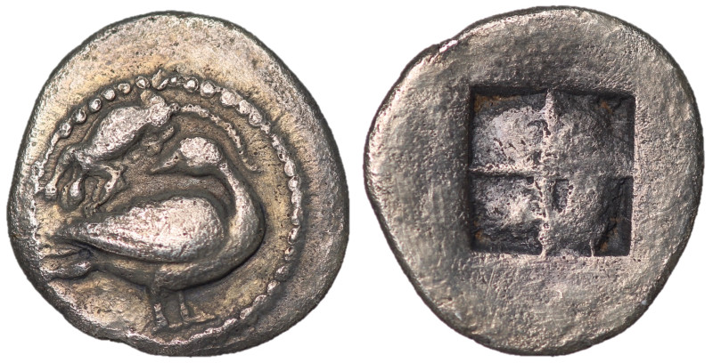 Macedon, Eion, 460 - 400 BC
Silver Obol, 13mm, 0.86 grams
Obverse: Goose stand...