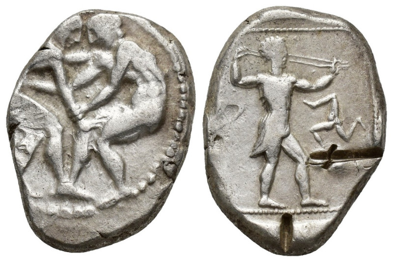 Pamphylia, Aspendos, 420 - 400 BC
Silver Stater, 24mm, 11.14 grams
Obverse: Tw...