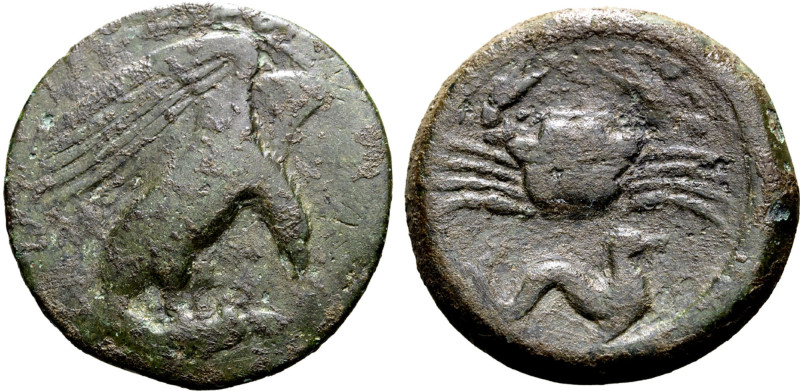 Sicily, Akragas, 425 - 406 BC
AE Hemilitron, 27mm, 13.52 grams
Obverse: Eagle ...