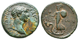 Trajan, 98 - 117 AD, AE19 of Side with Athena and Snake
