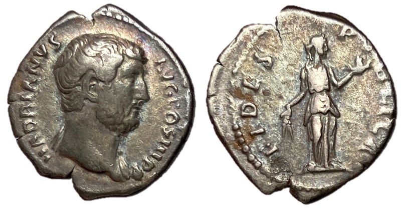 Hadrian, 117 - 138 AD
Silver Denarius, Rome Mint, 19mm, 3.04 grams
Obverse: HA...