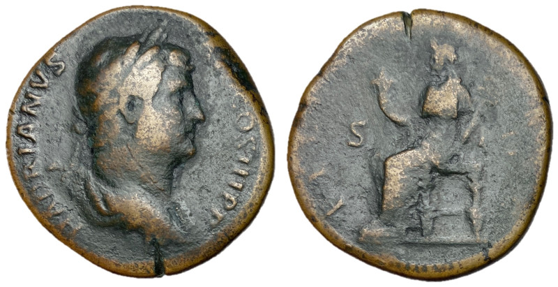 Hadrian, 117 - 138 AD
AE Sestertius, Rome Mint, 32mm, 23.50 grams
Obverse: HAD...