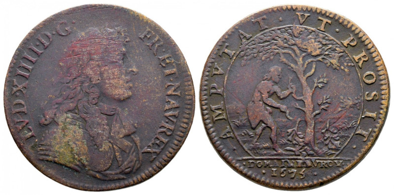 France, 1675
AE Jeton, 25mm, 6.28 grams
Obverse: LVD XIIII D G FR AND NAV REX,...