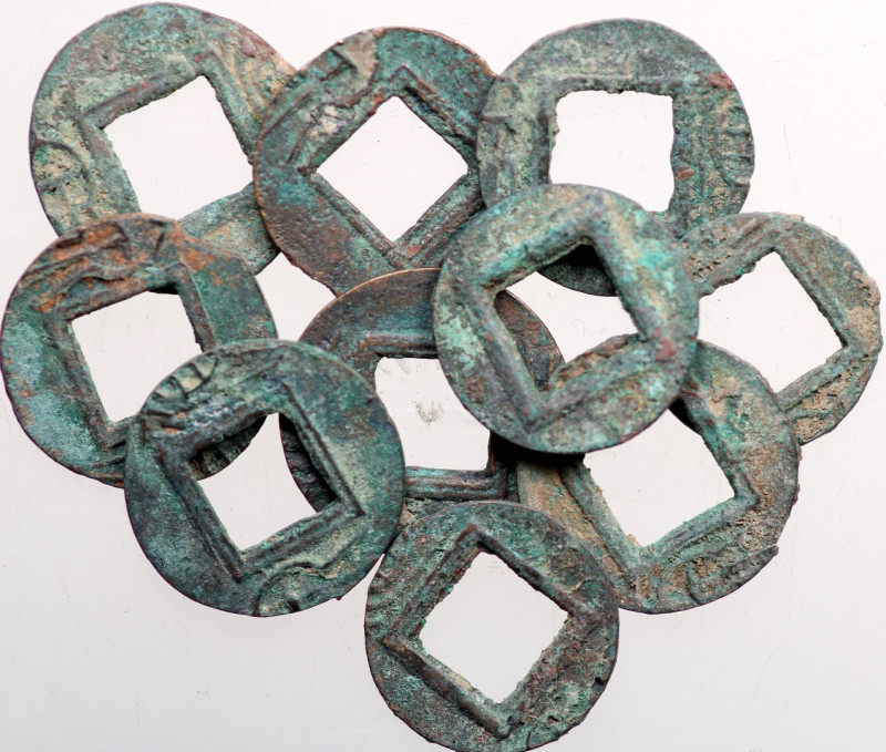 Wang Mang, 7 - 23 AD. Lot of 10 Zhaoqian Huo Quan with outer rims removed to cre...