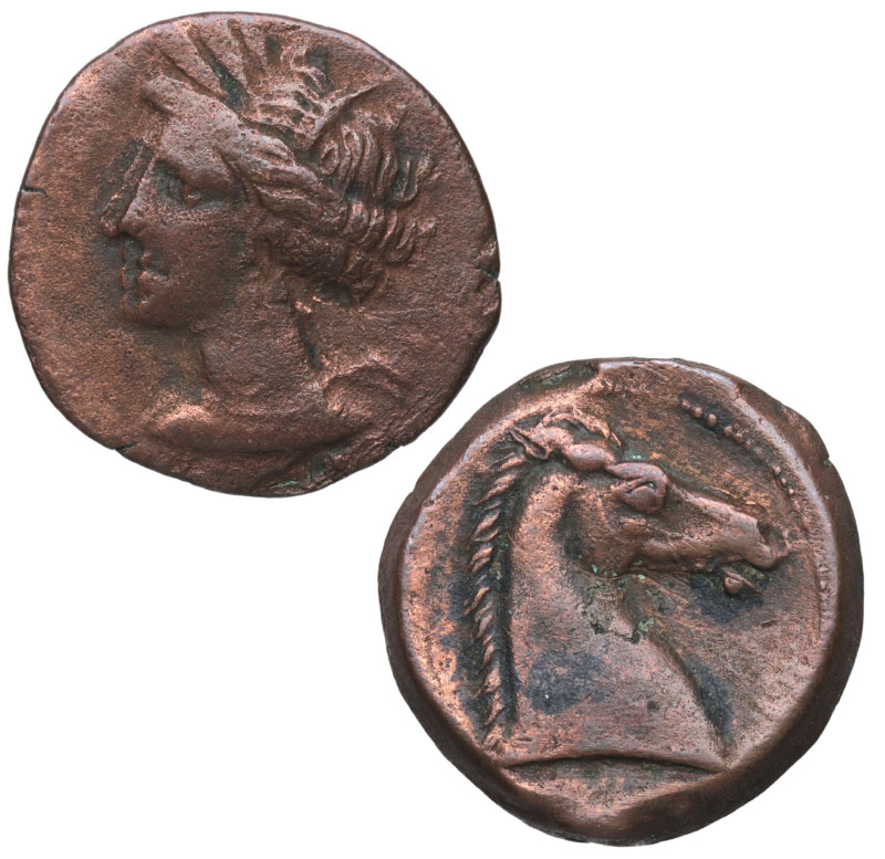 220-215 a.C. Cartagonova. Calco. Ae. 5,48 g. Cabeza de Tanit a izquierda /Cabeza...