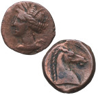 220-215 a.C. Cartagonova. Calco. Ae. 5,48 g. Cabeza de Tanit a izquierda /Cabeza de Caballo a derecha . MBC. Est.60.