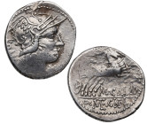 117- 116 a.C. Calidia. Roma. Denario. Crawford 383/1. Ag. 3,98 g. S·C. Busto de Roma a derecha con casco /Victoria en biga a derecha. MBC. Est.90.