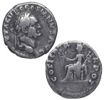 70 d.C. Vespasiano (69-79 d.C). Roma. 1 denario. Ag. 3,03 g. IMP CAESAR VESPASIANVS AVG. Cabeza con corona de laurel /COS. ITER. TR. POT. Paz sentada ...