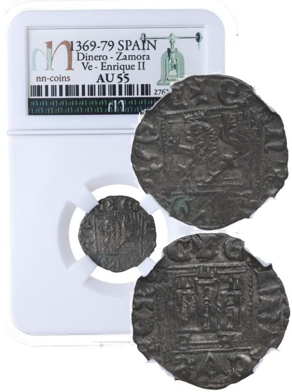 1369-1379. Enrique II (1369-1379). Zamora. Dinero. Ve. Atractiva. NN AU 55. EBC....