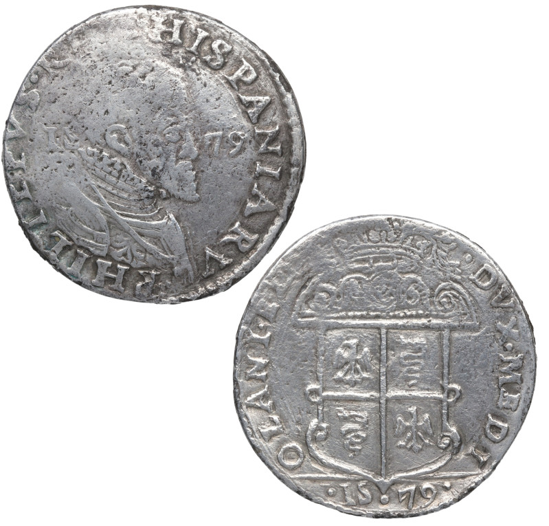 1579. Felipe II (1556-1598). Milan. Ducaton. Ag. 28,89 g. Escasa, corrrosiones l...