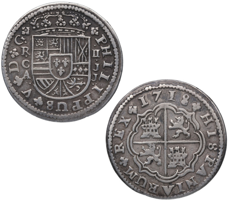 1718. Felipe V (1700-1746). Cuenca. 2 reales. JJ. A&C 670. Ag. 5,32 g. MBC+. Est...