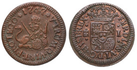 1747. Fernando VI (1746-1759). Segovia. 1 maravedí. A&C 19. Cu. 1,21 g. Bella. Brillo original. Escasa así. SC-. Est.75.
