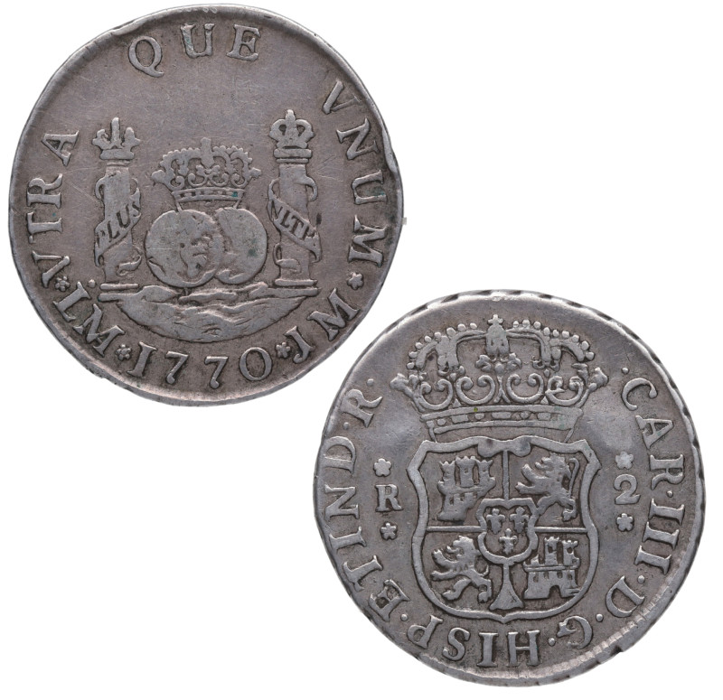 1770. Carlos III (1759-1788). Lima. 2 reales. JM. Ag. 6,57 g. Atractiva. Escasa....