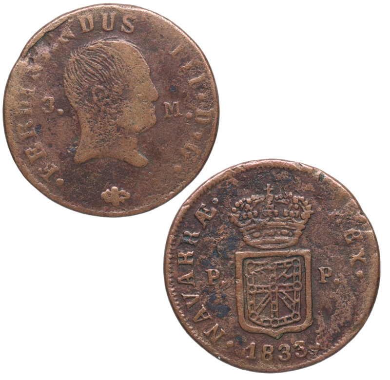 1833. Fernando VII (1808-1833). Pamplona. 3 maravedís. A&C 53. Cu. 6,14 g. Escas...