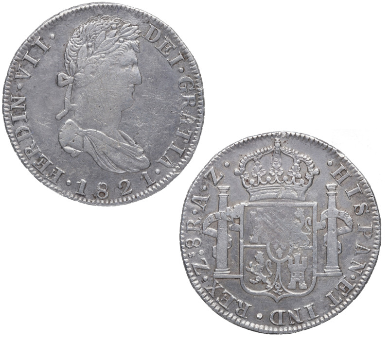 1821. Fernando VII (1808-1833). Zacatecas. 8 reales. AZ. Ag. 26,46 g. Atractiva....