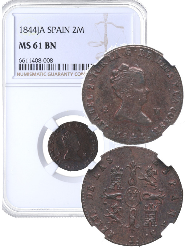 1844. Isabel II (1833-1868). Jubia. 2 maravedis. A&C 45. Cu. Encapsulada por NGC...