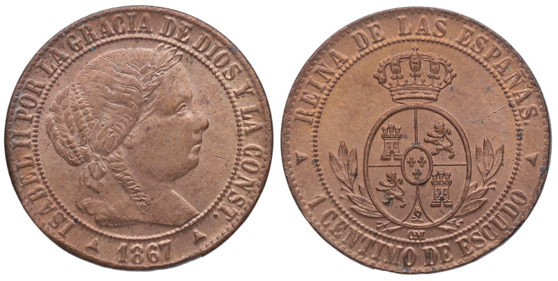 1867. Isabel II (1833-1868). Segovia. 1 céntimo. OM. A&C 226. Cu. 2,29 g. Bella....