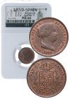 1859. Isabel II (1833-1868). Segovia. 5 Céntimos de Real. A&C 164. Cu. 1,74 g. Encapsulada por NN COINS en MS 64. SC- / SC. Est.90.