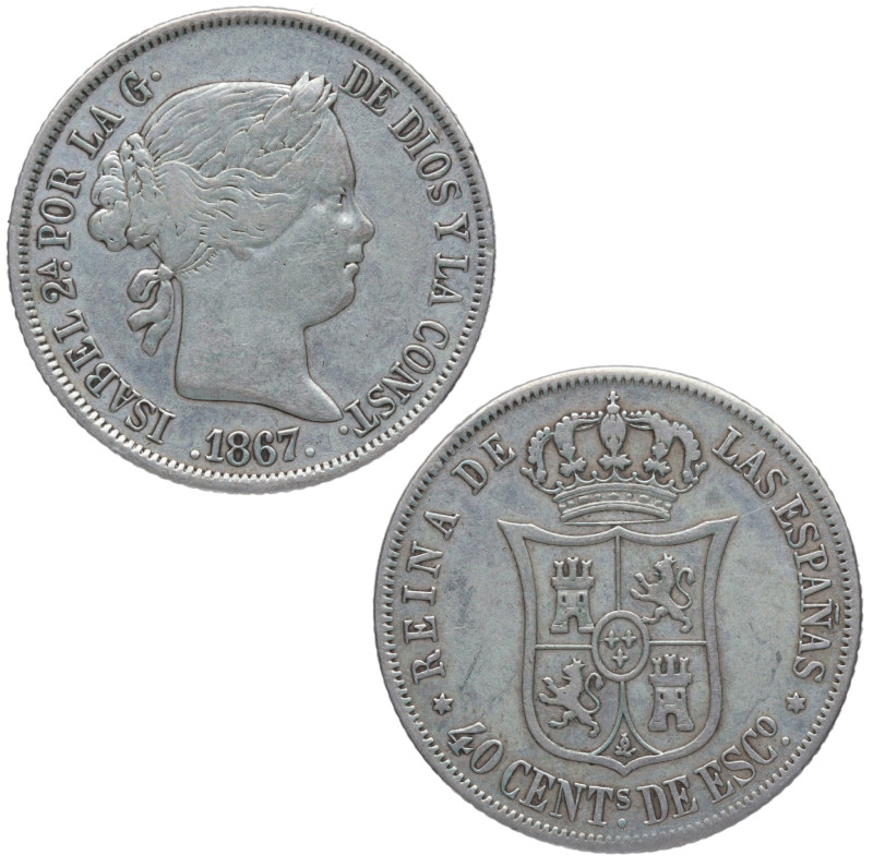 1867. Isabel II (1833-1868). Madrid. 40 Céntimos de Escudo. A&C 502. Ag. 5,08 g....