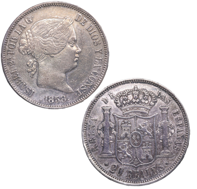 1858. Isabel II (1833-1868). Madrid. 20 Reales. A&C 615. Ag. 25,85 g. Atractiva....