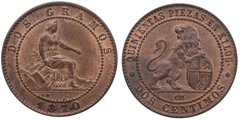 1870. I República (1868-1871, 1873-1874). Barcelona. 2 céntimos. OM. A&C 3. Cu. ...