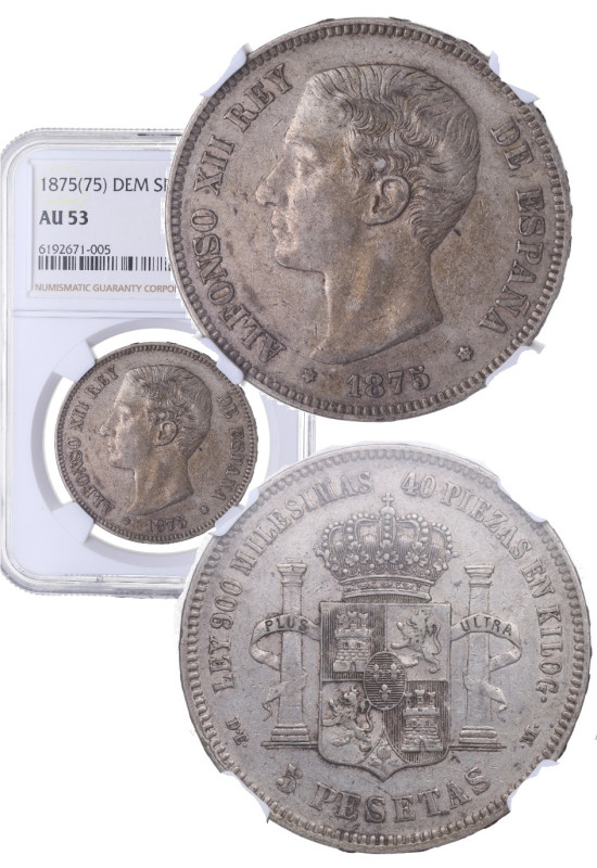 1875*75. Alfonso XII (1874-1885). 5 Pesetas. DEM. A&C 35. Ag. Encapsulada por NG...