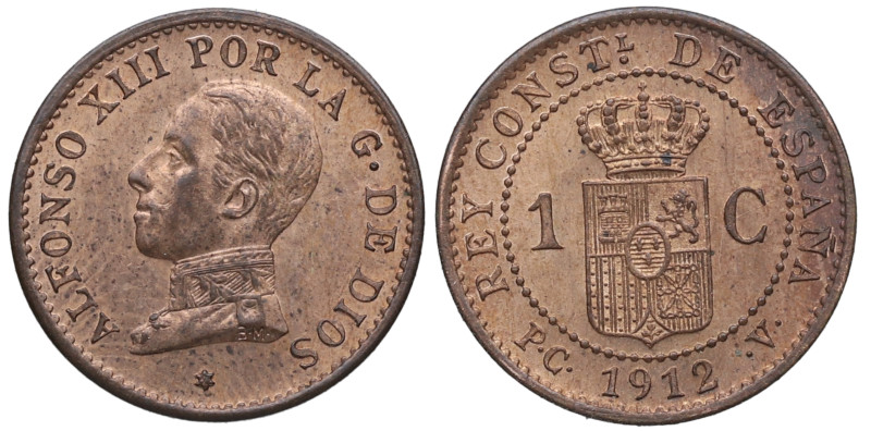 1912*2. Alfonso XIII (1886-1931). Madrid. 1 Céntimo. PCV. A&C 4. Cu. 1,00 g. SC....