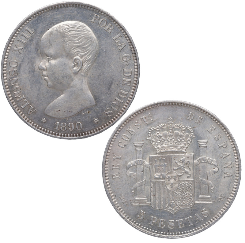 1890*90. Alfonso XIII (1886-1931). 5 Pesetas. MPM. A&C 95. Ag. 25,05 g. Brillo o...