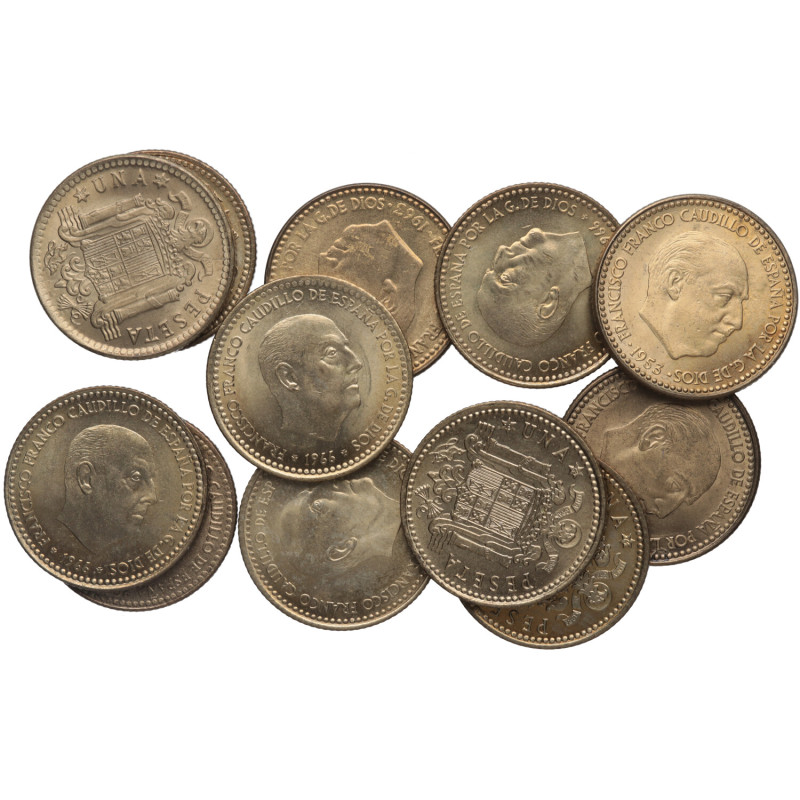 1963*64 a *66, 1966*67 a *75. Franco (1939-1975). 12 monedas de 1 Peseta. Al-Cu....