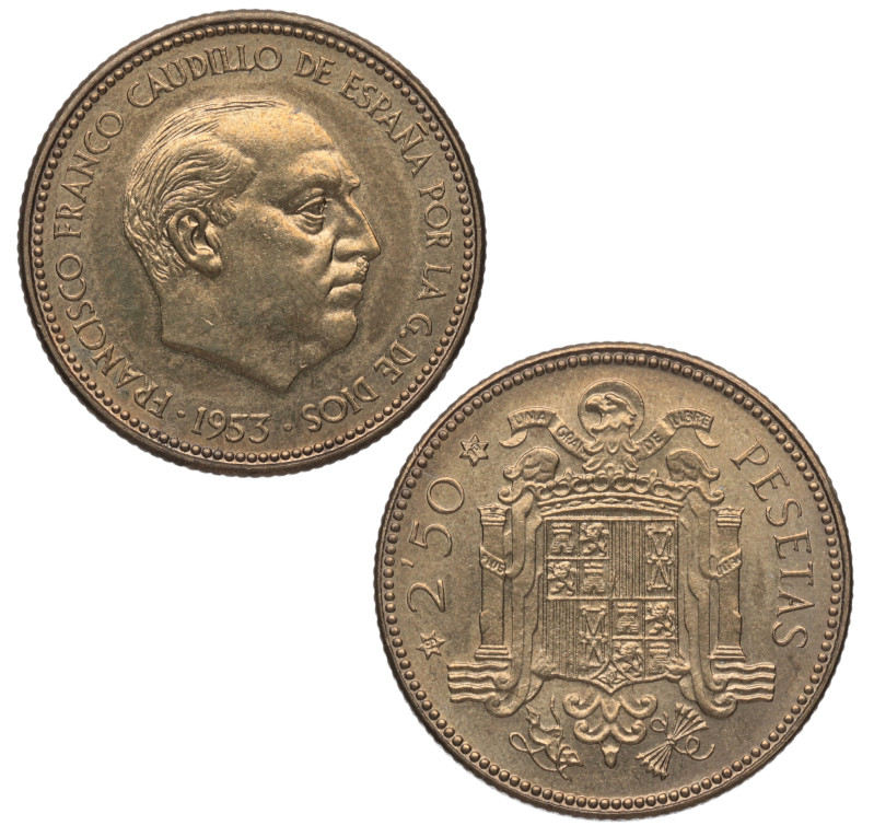 1953*70. Franco (1939-1975). 1 Peseta. A&C 89. Al-Cu. Escasa. EBC+. Est.100.