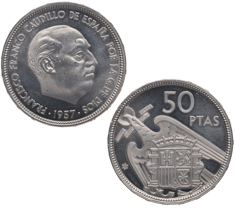 1957*72. Franco (1939-1975). 50 Pesetas. A&C 141. Ni. PROOF. Est.60.