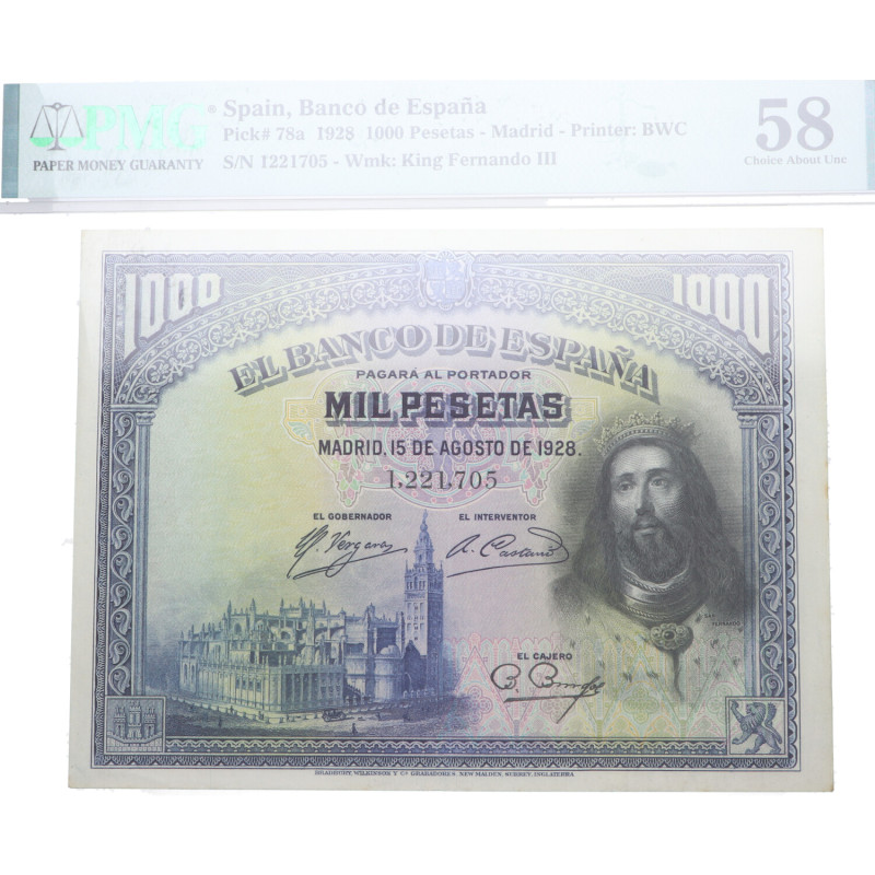 1928. Alfonso XIII (1886-1931). 100 Pesetas. Pick# 78a. Encapsulada por PMG en 5...