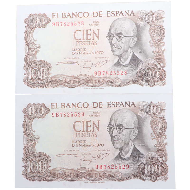 1970. Estado Español (1936-1975). Pareja correlativa 100 Pesetas. Plancha. Serie...