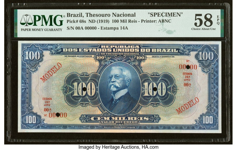Brazil Thesouro Nacional 100 Mil Reis ND (1919) Pick 68s Specimen PMG Choice Abo...
