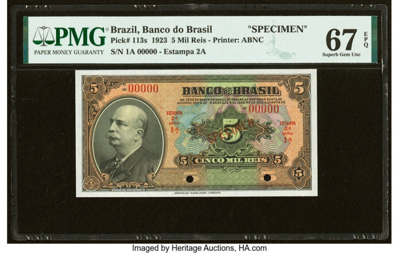 Brazil Banco do Brasil 5 Mil Reis ND (1923) Pick 113s Specimen PMG Superb Gem Un...