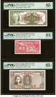 China Central Bank of China 5; 1 (2) Yuan 1945; 1940; 1941 Pick 388; 463; 474 Three Examples PMG Gem Uncirculated 65 EPQ (2); Choice Uncirculated 64 E...