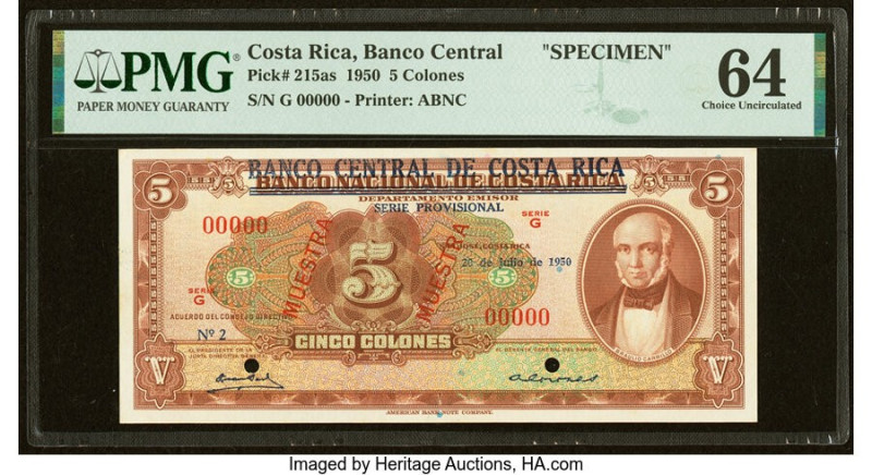 Costa Rica Banco Central de Costa Rica 5 Colones 20.7.1950 Pick 215as Specimen P...