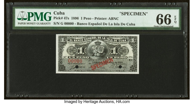 Cuba Banco Espanol De La Isla De Cuba 1 Peso 15.5.1896 Pick 47s Specimen PMG Gem...