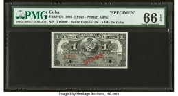 Cuba Banco Espanol De La Isla De Cuba 1 Peso 15.5.1896 Pick 47s Specimen PMG Gem Uncirculated 66 EPQ. Cancelled with 2 punch holes. HID09801242017 © 2...