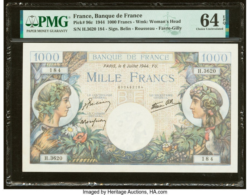 France Banque de France 1000 Francs 6.7.1944 Pick 96c PMG Choice Uncirculated 64...