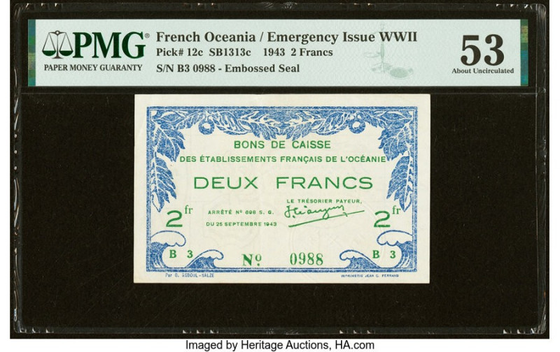 French Oceania Bons de Caisse 2 Francs 25.9.1943 Pick 12c PMG About Uncirculated...