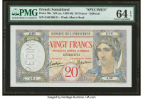 French Somaliland Banque de l'Indochine, Djibouti 20 Francs ND (1928-38) Pick 7Bs Specimen PMG Choice Uncirculated 64 EPQ. A Specimen perforation is n...