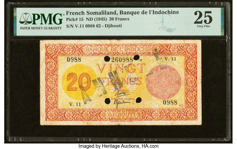 French Somaliland Banque de l'Indochine, Djibouti 20 Francs ND (1945) Pick 15 PM...